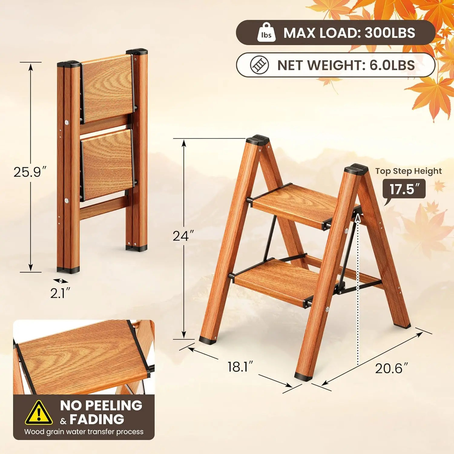 سلم قابل للطي مع دواسات واسعة مضادة للانزلاق، ألومنيوم خفيف الوزن، قوي ومتين، يدعم 300 رطل، مثالي للمنزل والوزن #2