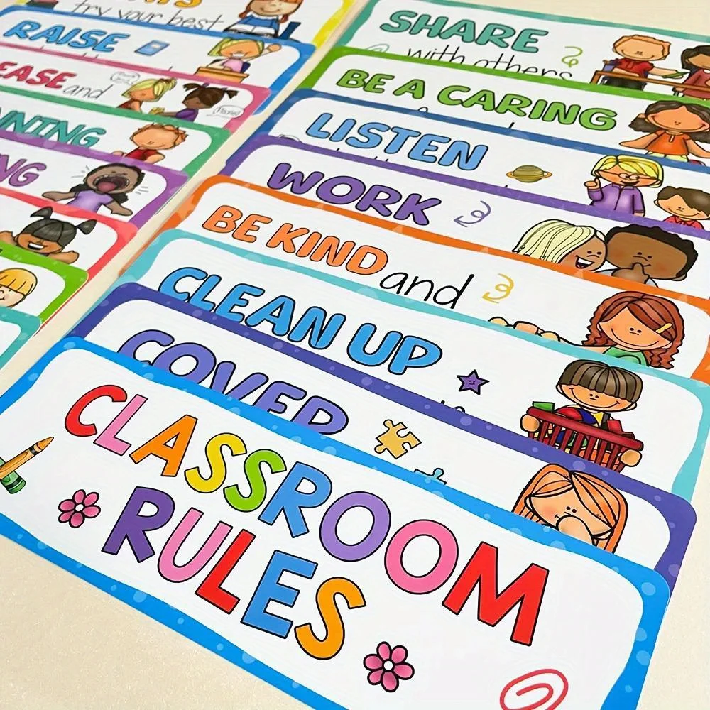 16 pièces règles de salle de classe cartes d\'apprentissage de l\'anglais ensemble de tableau d\'affichage décor de salle de classe règles de