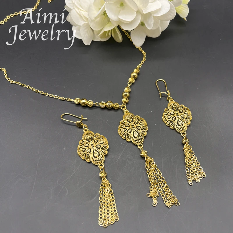 African 18K Gold Plated Necklace Earrings Jewelry Set Luxury Golden Long Chains Women Party Wedding Anniversary Accessories Gift