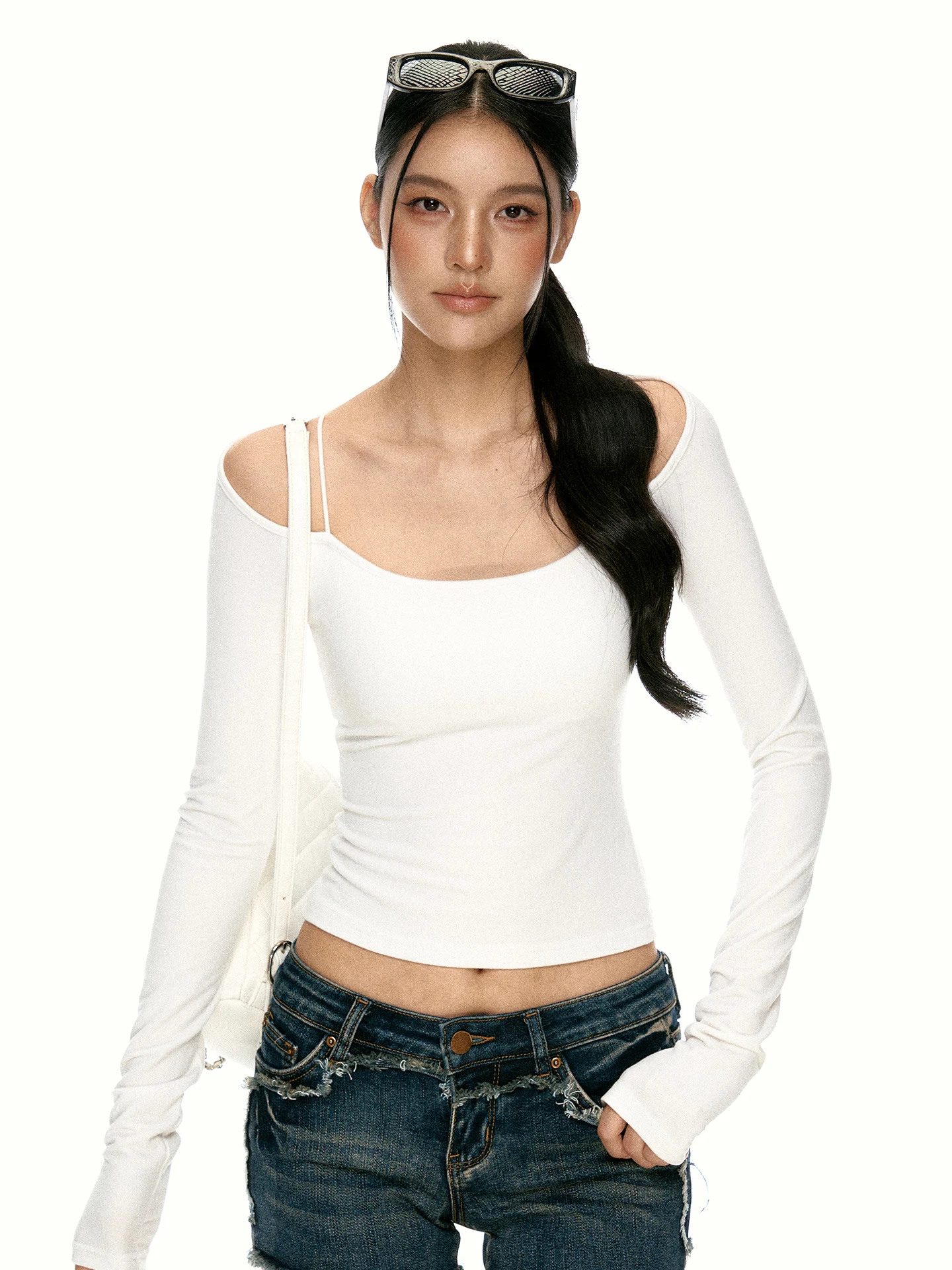 Aaisup White Simple One-Shoulder Long Sleeve T-Shirt Women's Early Autumn Design Spicy Slim Fit Base Shirt Top Casual Style