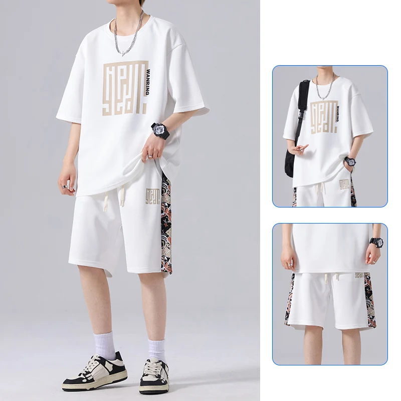 Fashion O-Neck Loose Short Sleeve Korean Printed Letter Men\'s Sets 2024 Summer New Oversized All-match Casual Sets