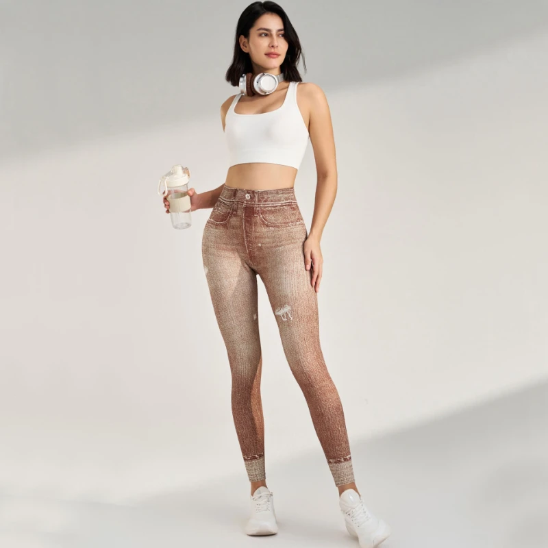 Women Faux Jeans Leggings Gym Fitness Workout Trousers Yoga Pants Scrunch Sports Training Outdoor Tights High Waist Sportswear