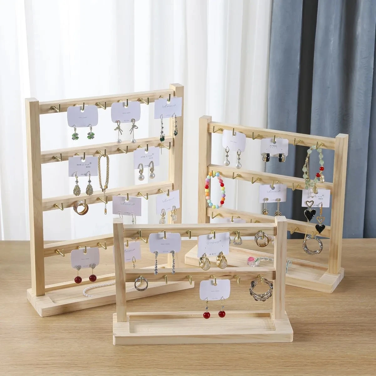 Wooden Jewelry Display Stand Earrings Bracelet Belt Hook Ring Necklace Storage Organizer Rack Desktop Holders Exhibitor