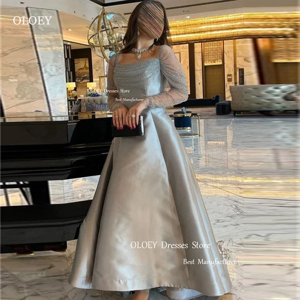 

OLOEY Elegant Taffeta Evening Dresses A-Line Wedding Party Dress Pleats Long Sleeves Photoshoot Formal Gowns Ankle-Length