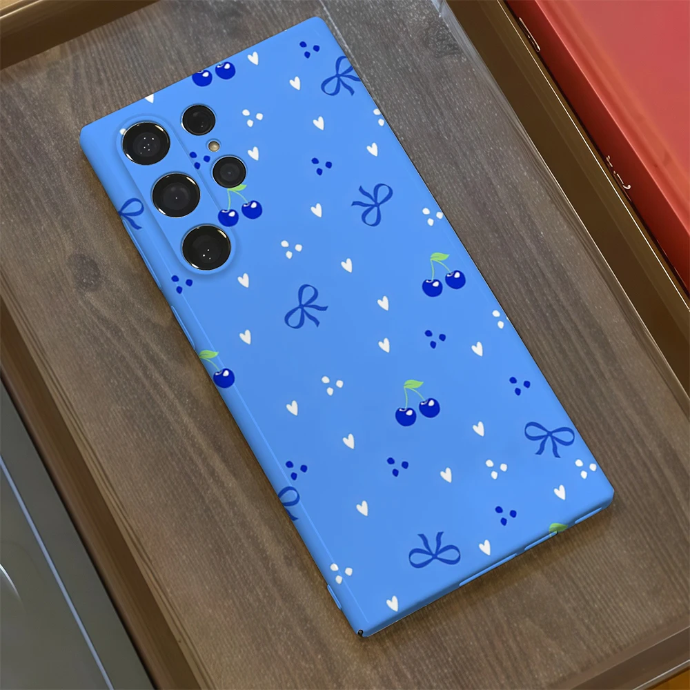 حافظة هاتف كرزية زرقاء لهاتف سامسونج جالاكسي S25 Ultra S24 S23 Ultra Plus غطاء خلفي لامع بطبقة مزدوجة