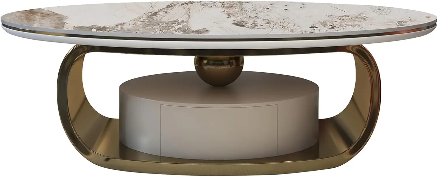 Mesa de centro ovalada moderna de 55" con base de metal dorado abstracto, tapa de piedra sinterizada, cajón para sala de estar-Oro