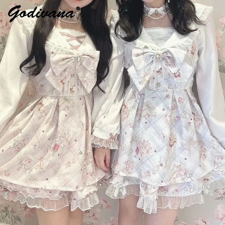 Japanese Style Liz Sweet Long Sleeve Bow Lolita Princess Dress and Shorts Set New Spring and Autumn Sailor Collar Printed Dress