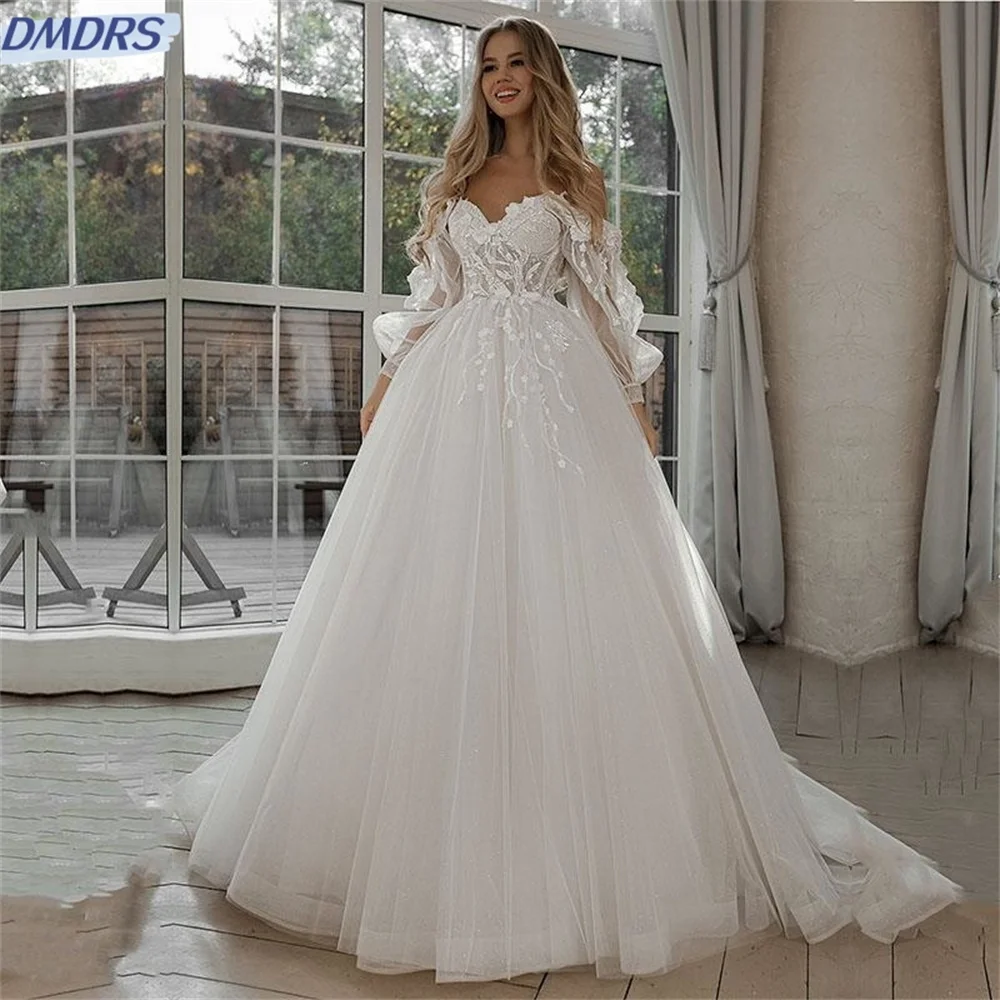 Elegante puff manga apliques vestido de casamento 2025 encantador rendas flores fora do ombro tule clássico boêmio vestidos novi