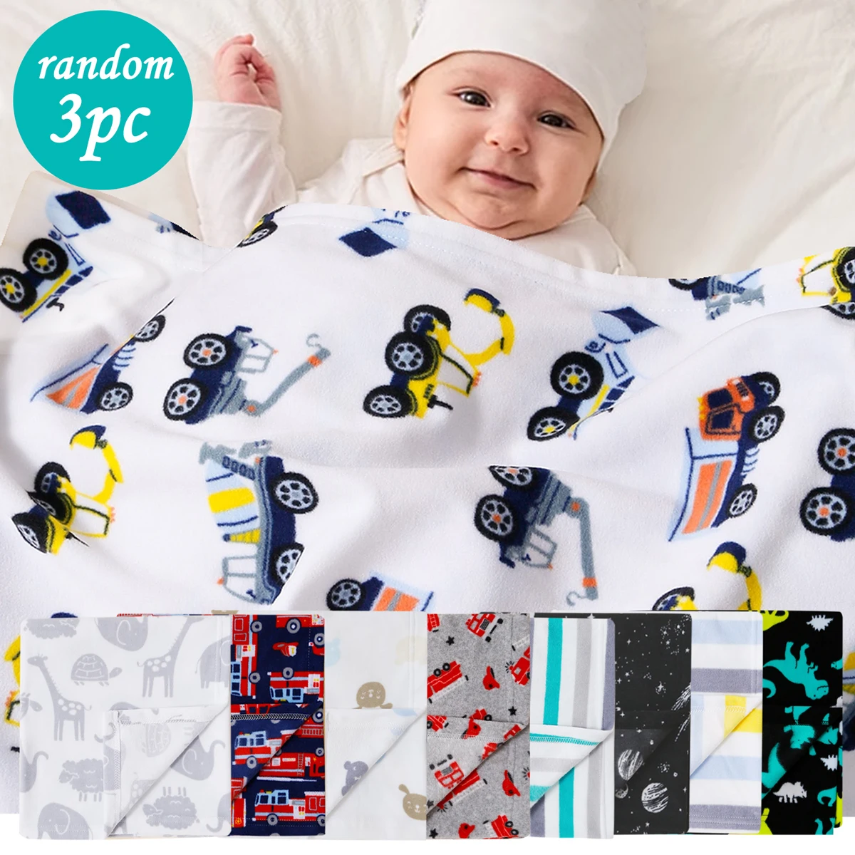

Random 3pcs Newborn boy baby blanket cute animal swaddling quilt Gift for baby cartoon pattern