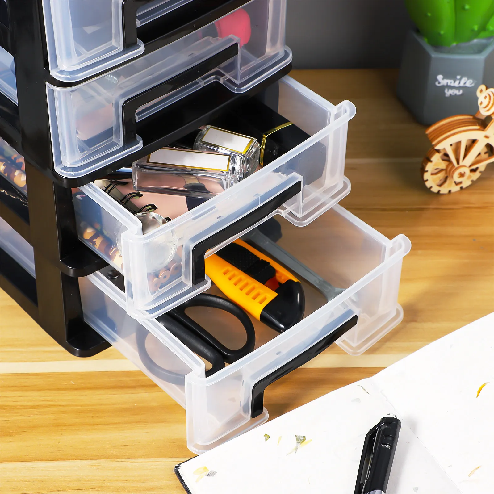 Clear 4-Tier Desktop Drawer Organizer Plastic Storage Organizer Makeup Stationery Office School Storage Drawers