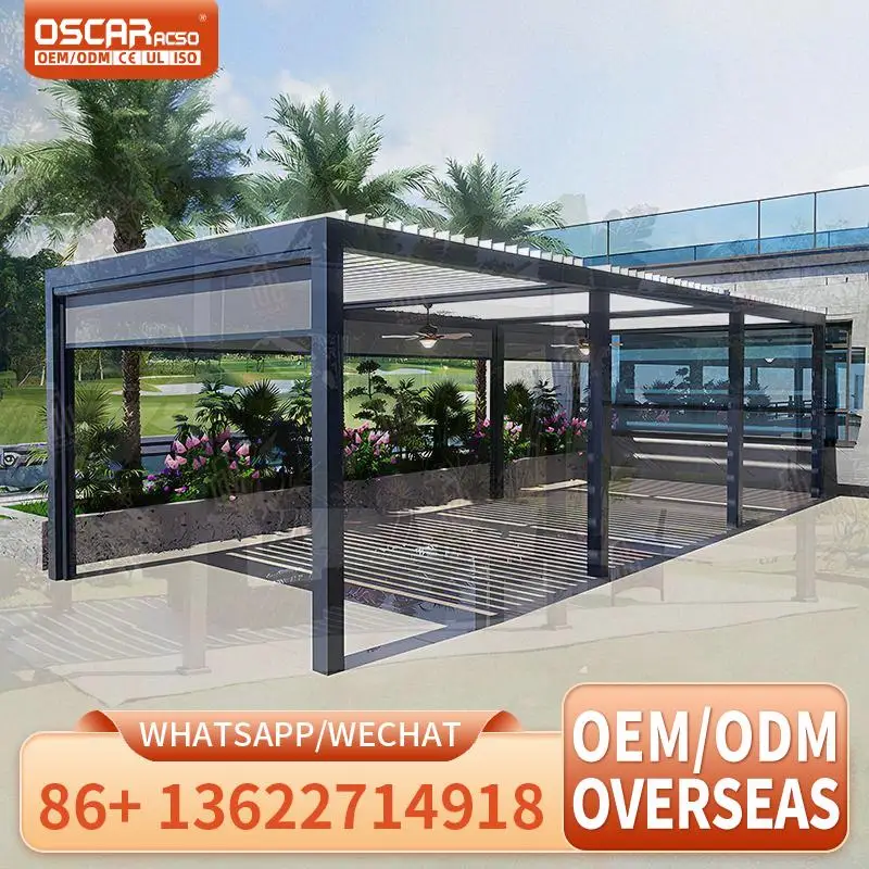 

Motorized Opening and Retractable Louvered Roof with LED Strips for Swimming Pool House Garden Patio pergola