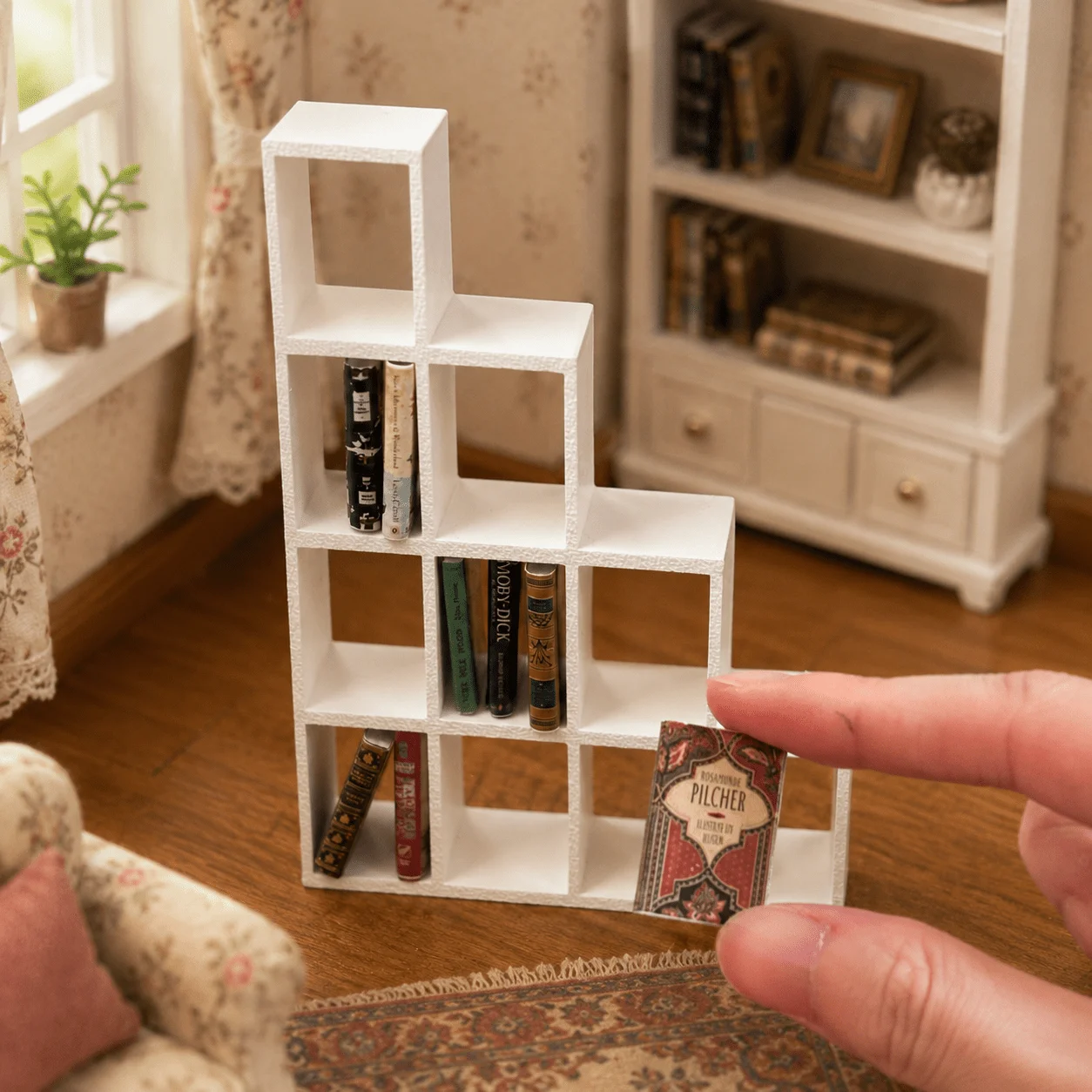 Miniature Staircase Bookshelf Set, Including 8 Random Retro Mini Model Books, White Multi Grid Hollow Bookshelf Display Rack