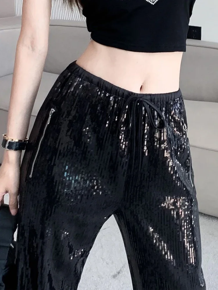 Błyszczące spodnie z szerokimi nogawkami dla kobiet Jesienne spodnie z wysokim stanem ze sznurkiem Casualowe spodnie z prostymi nogawkami o długości do podłogi 2025 Nowa wiosna