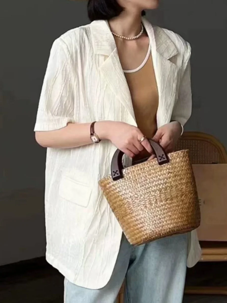 Chic Women's Loose Fit Short Sleeve Suit Jacket with Shoulder Pads Fashionable Casual Style Polyester Elastic Fiber
