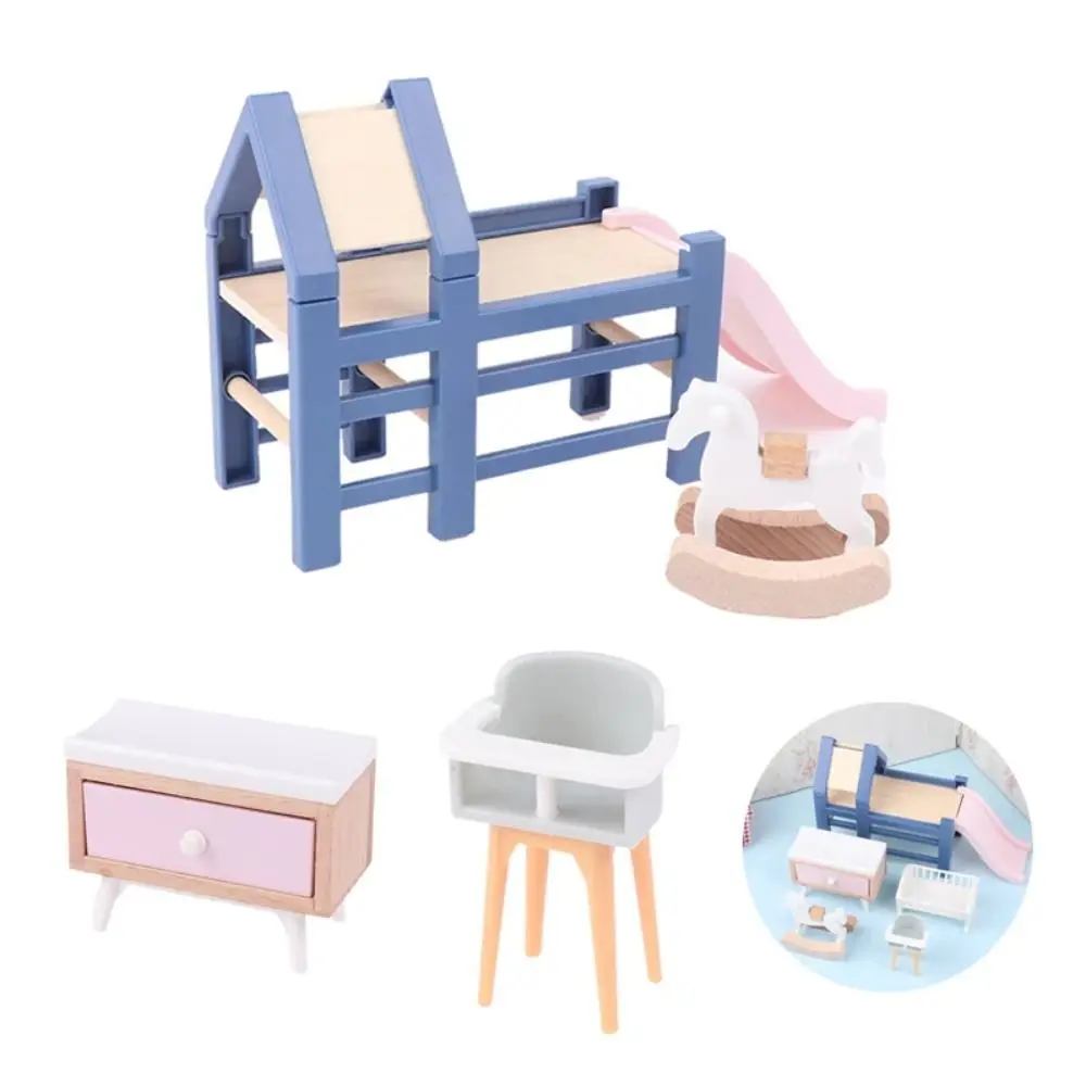 Pretend Play Toy Accessories for Kids, Dollhouse, Baby Bedroom, Mobiliário, Slide, Cavalo de Tróia, Mesa, Cadeira de Jantar, Cama, Escala 1:12