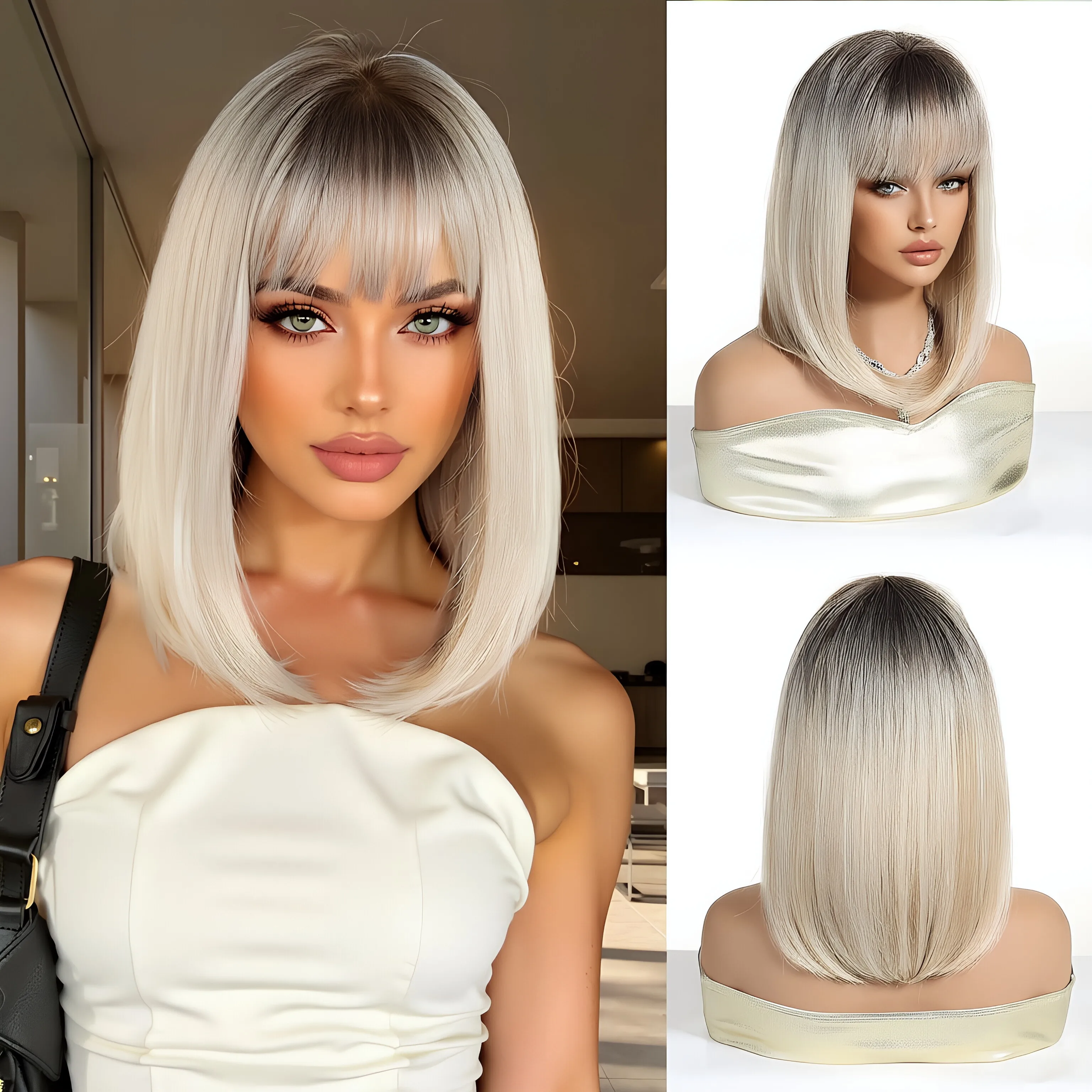 

Wig synthetic headband, European and American bob hair, gold dyed bangs, wig headband, short hair, summer breathable