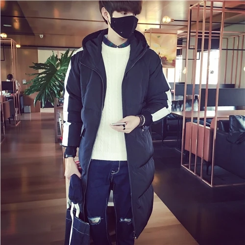 

Winter New Men's Mid-Length Hooded down Jacket Thickened Youth Fashionable Coat Long Sleeve Pure Color Tourist Outfit