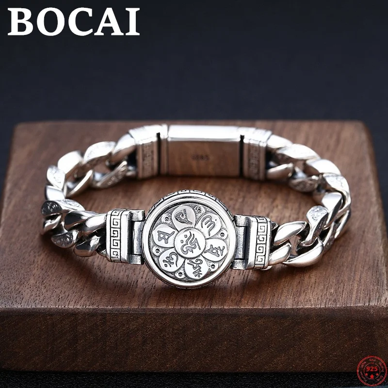 

BOCAI S925 Sterling Silver Bracelets for Men New Fashion Rotatable Six Syllable Mantra Vajra Pestle Tank-chain Free Shipping