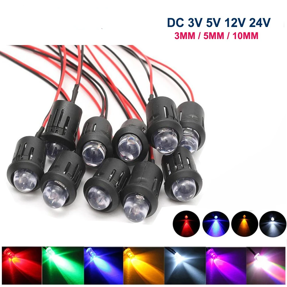 Diodo LED rotondo da 3mm 5mm DC5V 12V 24V Diodi emettitori di luce precablati trasparenti con acqua Rosso Verde Blu Bianco Giallo UV RGB 10-50 pezzi