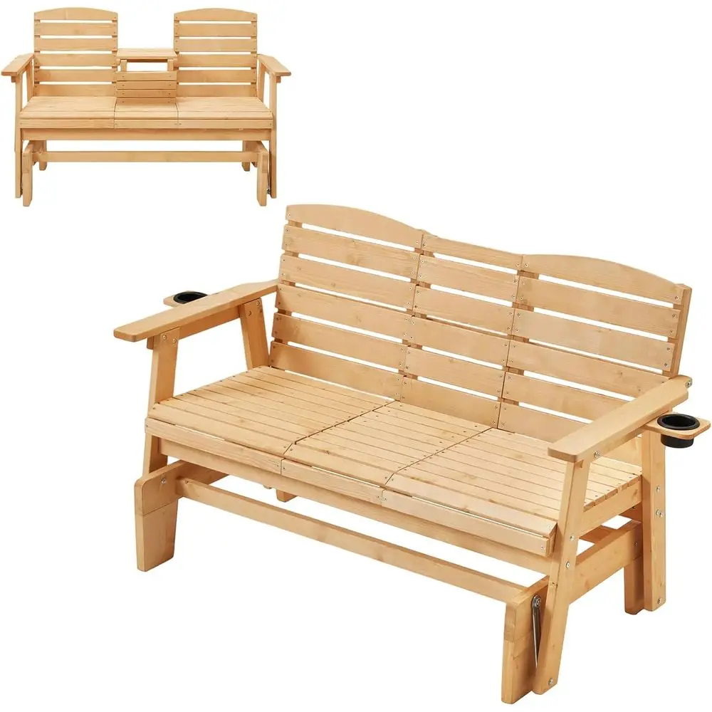

Oversized Wooden Patio Glider Bench with Reclining Seatback, High Back, Cupholders,800lbs, Suitable for 3, Natural Finish