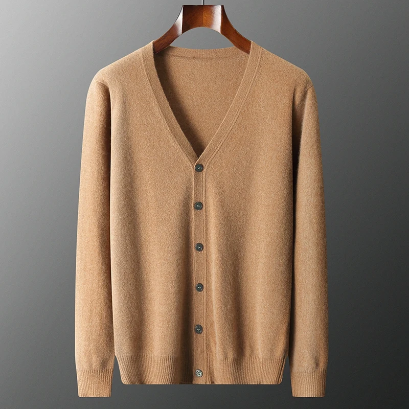 Men's 100% Cashmere Cardigan Autumn Winter Classics V-neck Sweater Long Sleeve Knitwear Casual Solid Male Cashmere Shirt Tops