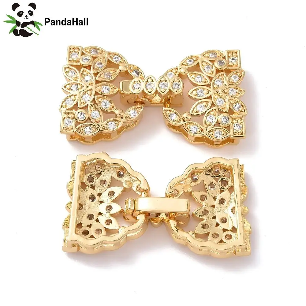 PandaHall 10pcs Brass Micro Pave CZ Bowknot Fold Over Clasps, Gold/Silver 26.5mm Triangle 12.5x14.5x5mm for Jewelry Making