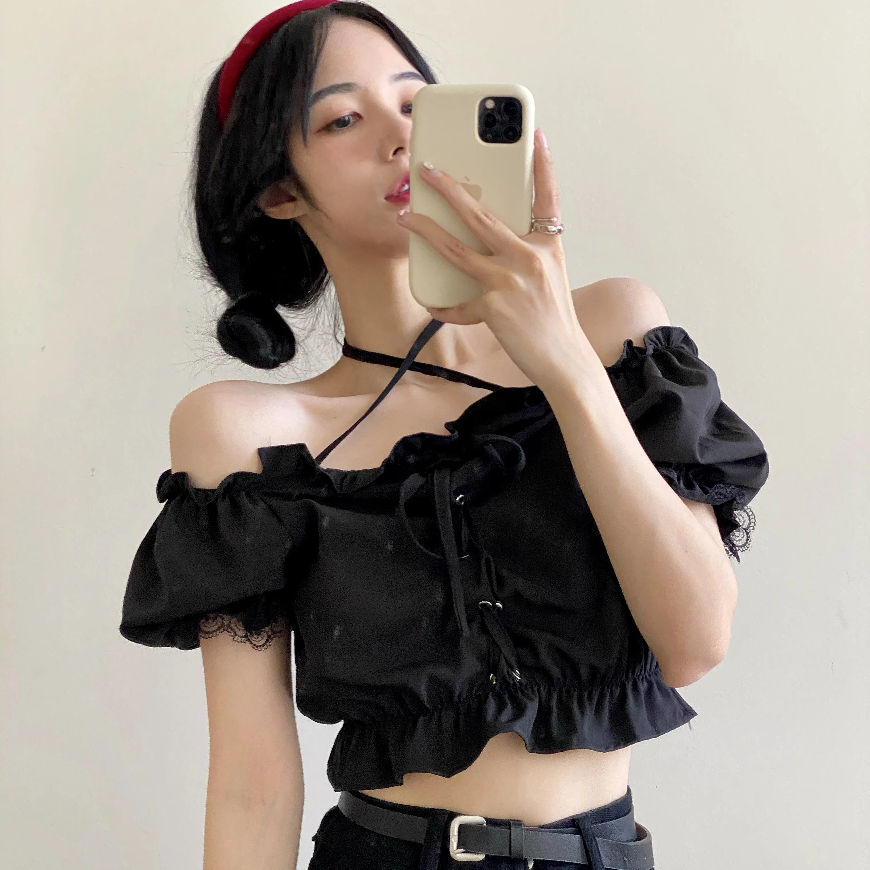 KOSAHIKI Crop Black Blouses Women Ruffles Harajuku Off Shoulder Slim Cropped Sexy Chic Female Summer Gothic Streetwear Y2k Tops