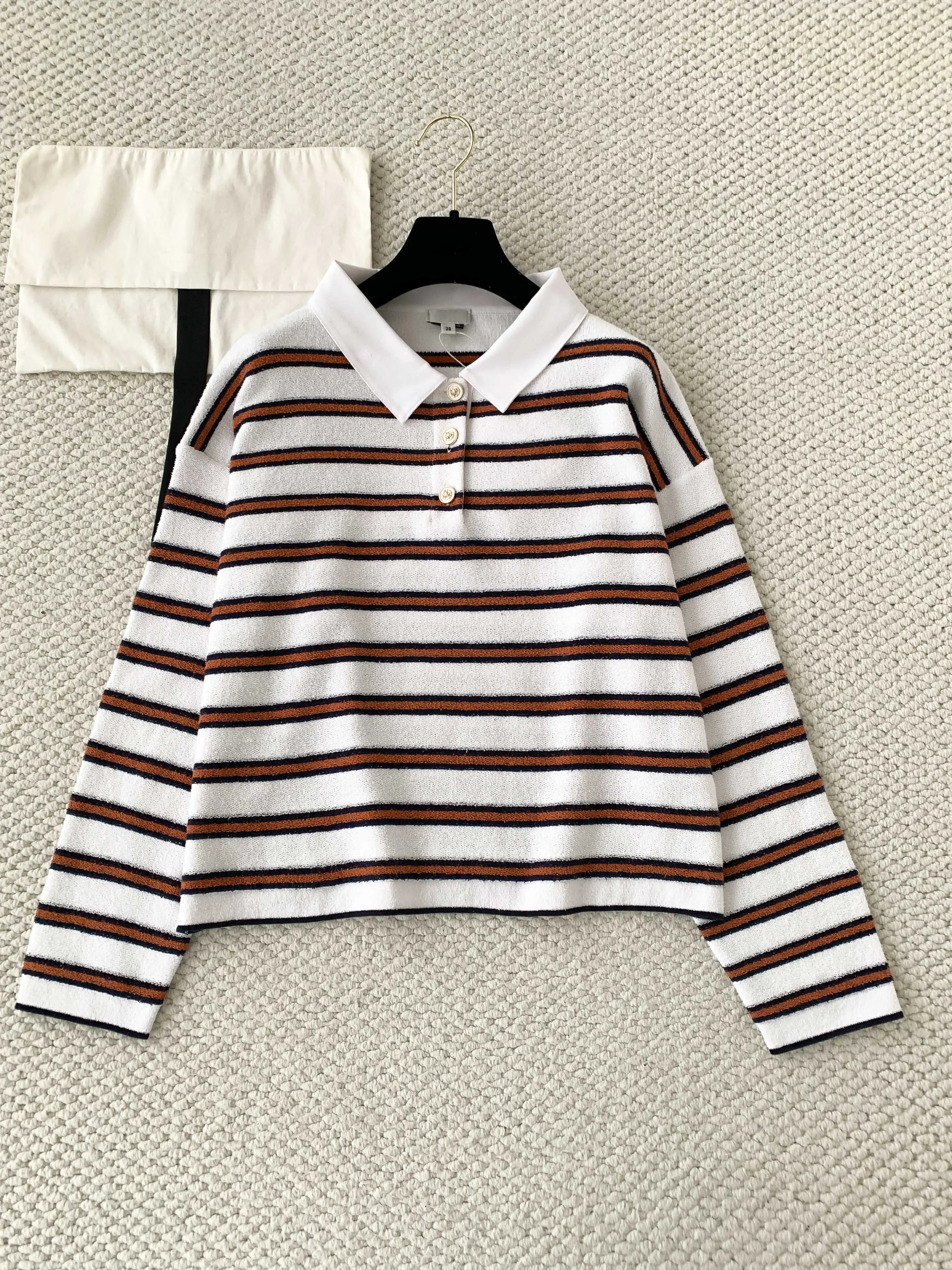 

Luxury brand 26C new style Women's Knitted Shirt Striped Loose Polo Pullover Striped Drawstring Loose Pants high quality