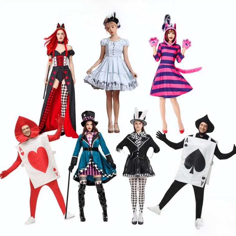 ハロウィン不思議の国のアリスコスプレ衣装マッドハッターチェスキャットレッドクイーンポーカーソルジャー女性の伝統的なエスニックステージ衣装