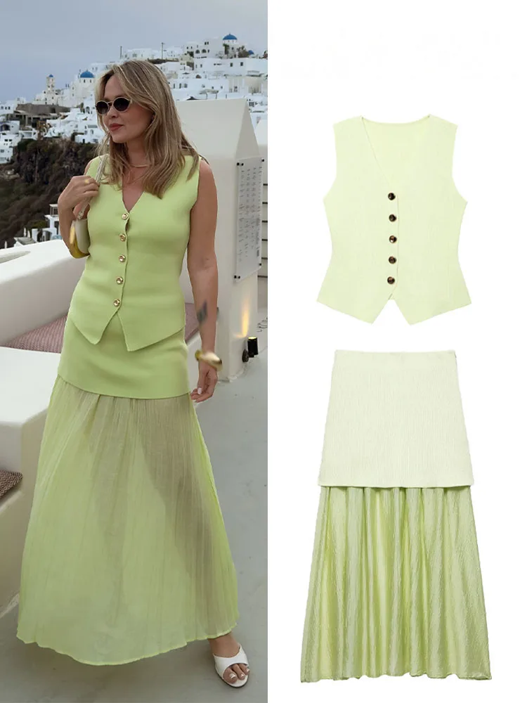 

HH женский комплект из 2 предметов, модный вязаный жилет без рукавов с v-образным вырезом на пуговицах + шикарная юбка до щиколотки на молнии с высокой талией