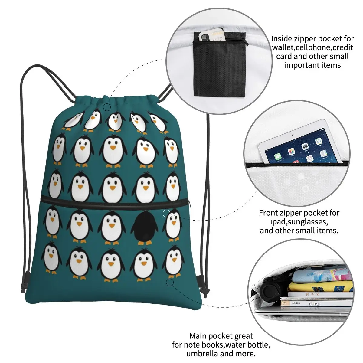 Mochilas portáteis Penguin Colony, Drawstring Bag, Casual Bundle Pocket, Diversos Sacos, Viagem, Esporte, Homem, Mulher