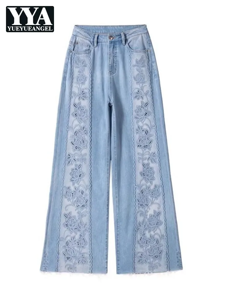 New Female High Street Designers Hollowed Out Embroidered Denim Trousers Straight-Leg Jeans Loose Full Length Wide Leg Pants 4XL
