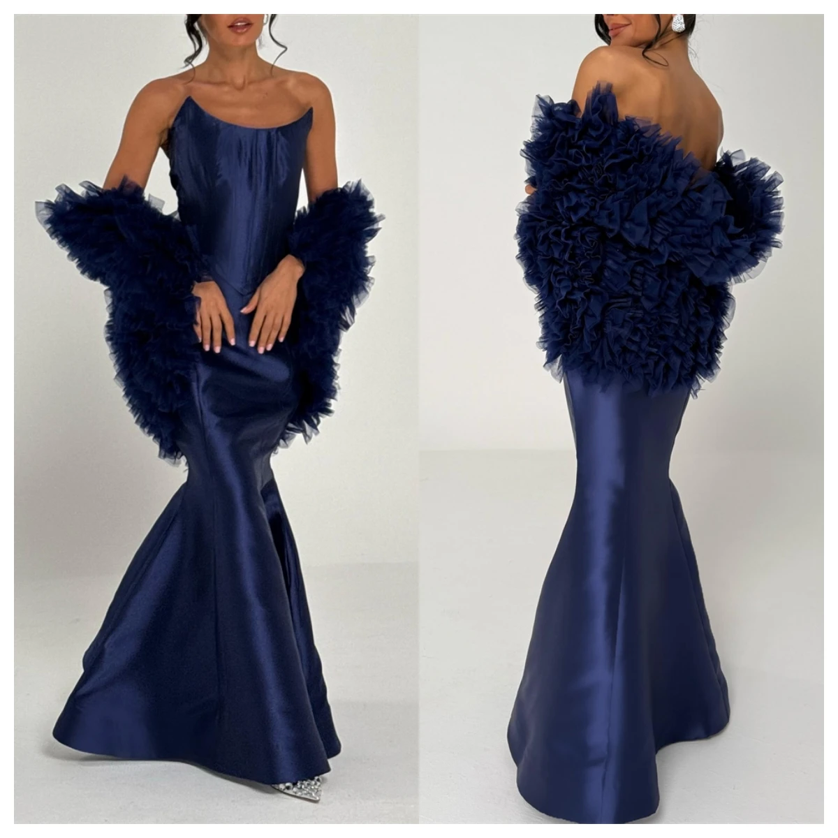 

Customized Fashion Navy Blue Satin Evening Dress Strapless Shawl Sleeveless Special Occasion Gowns Homecoming Dress Modern