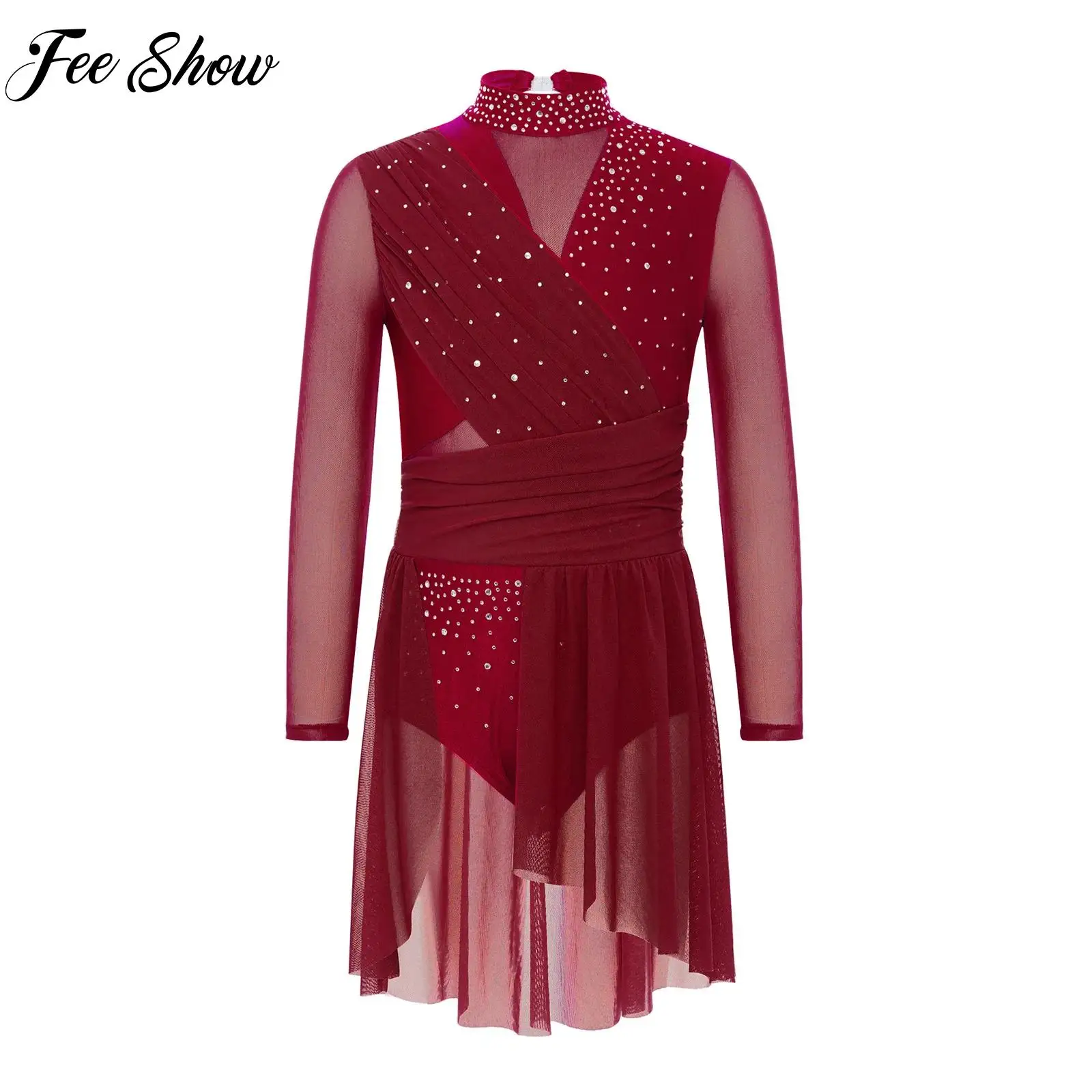 

Glittery Rhinestones Lyrical Modern Dance Dress for Kids Girls Gymnastics Leotard Side Split Sheer Mesh Dress Performance Wear