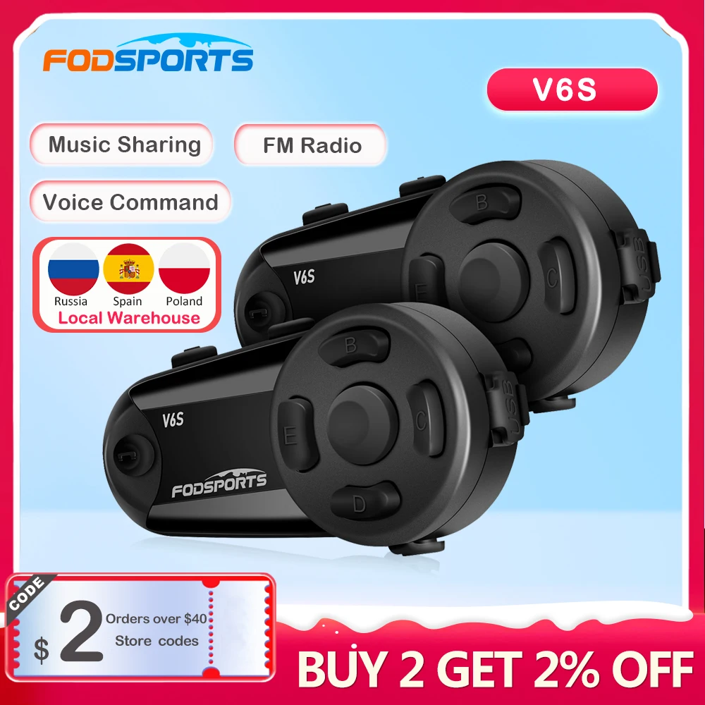 Fodsports V6S casco intercomunicador motocicleta auriculares Bluetooth 1000m IP65 impermeable 6 conductor interfono inalámbrico BT5.0 Radio FM