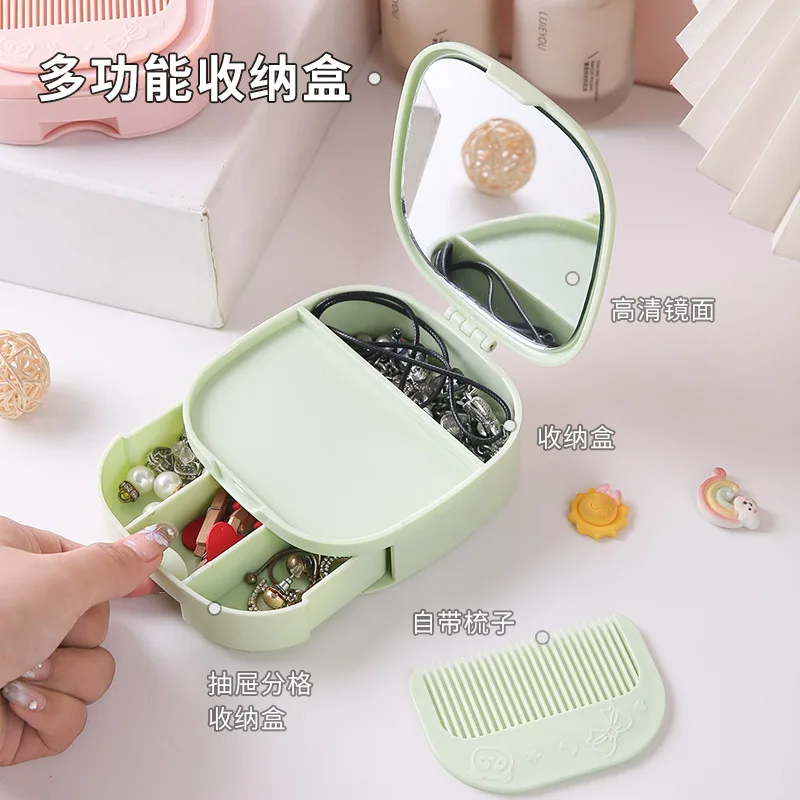 引き出し収納付き折りたたみ化粧鏡 女性用蓋付き卓上ミラー