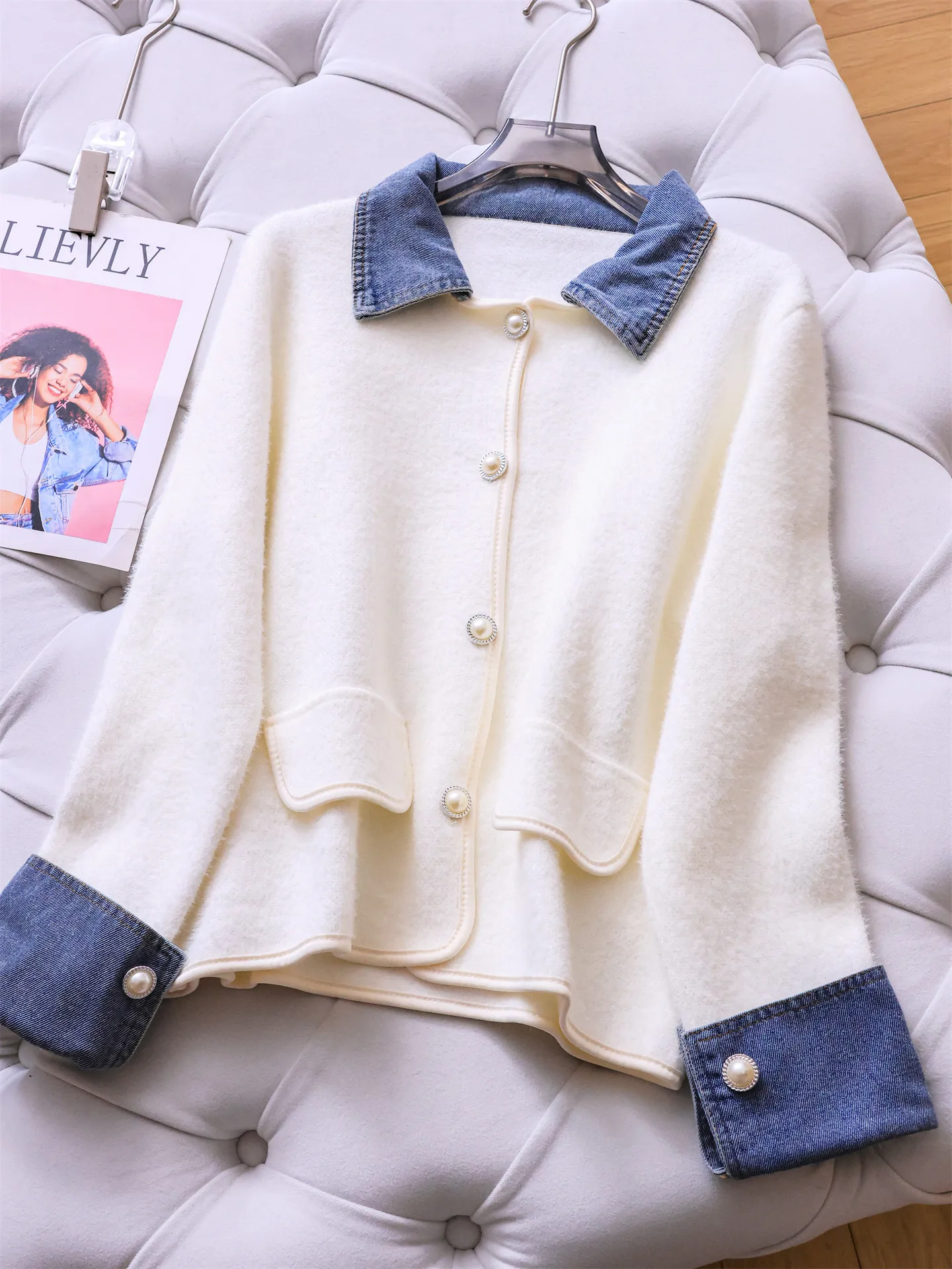 

Soft Long Sve Crew Ne Sweater Jaet Denim Patchwork Color Blo Knitted Outerwear Women's Winter New Sle M66