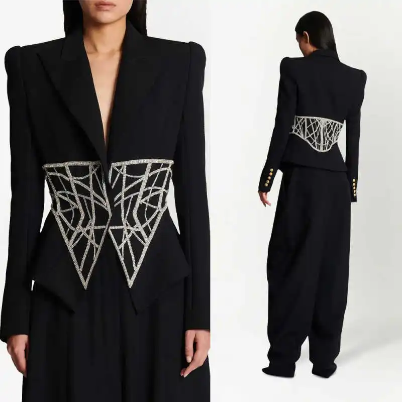 

Fashion New Women Suit 2 Piece Blazer Pant Single Breasted Bead Crystal Waist Slimming Street Office Wear Customized