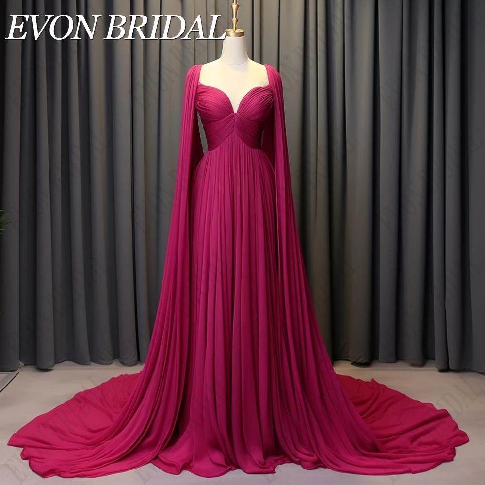 EVON BRIDAL 여성용 사우디 아라비아 이브닝 드레스, 긴 케이프 소매, 우아한 포멀 가운 여성용 푸시아 쉬폰 이브닝 드레스 A 라인 공식 행사 드레스 롱 케이프 슬리브 무도회 드레스 우아한 Fuschia 시폰 여성 이브닝 드레스 A자 공식 장소 원피스 긴팔 무도회 드레스 우아하다