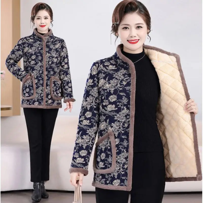 سترة صوف للنساء في منتصف العمر وكبار السن للنساء معطف قطني مزين بالزهور ملابس خارجية سميكة للشتاء بياقة واقفة #1