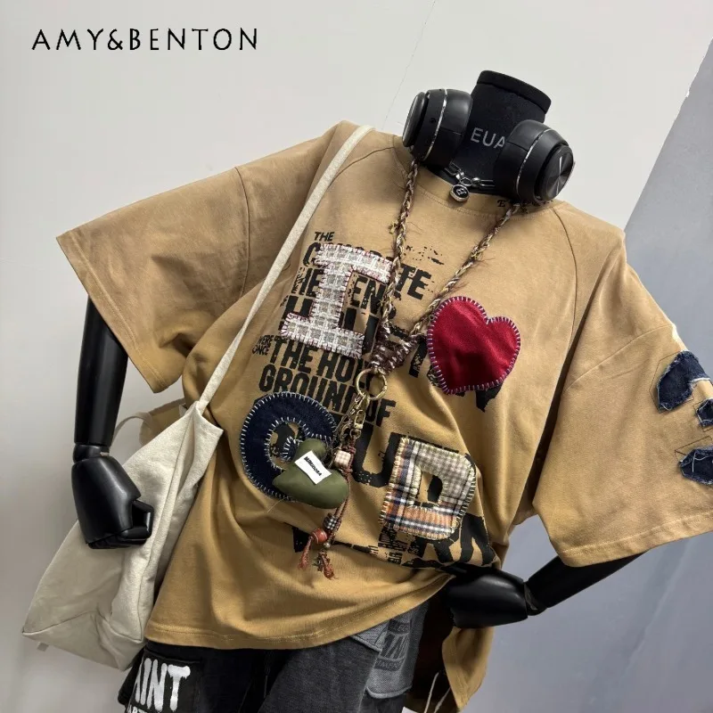 

Summer New Arrivals Premium Embroidered Letter Short-sleeved T-shirt Women's Loose Fit Casual Couple Top Ins Crew Neck Pullovers