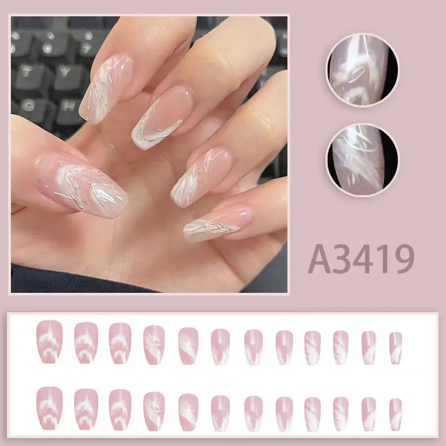 24 pçs simples branco mancha francês curto caixão unhas falsas com cola aurora linhas de pó quadrado unhas falsas para mulher destacável