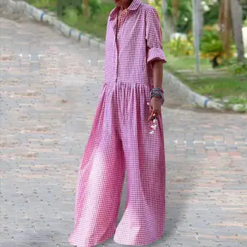 Zachte Jumpsuit Stijlvolle Ruitjesprint Dames Jumpsuit Met Lange Mouwen Wijde Pijpen Casual Losse Pasvorm Voor Een Modieuze Look Elastisch