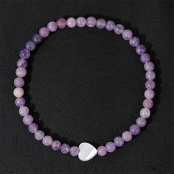 Shell Heart Bracelet 4mm Natural Stone Purple Lilac Amethysts Moss Agates Pink Zebra Beads Elastic Bracelets For Women Jewelry