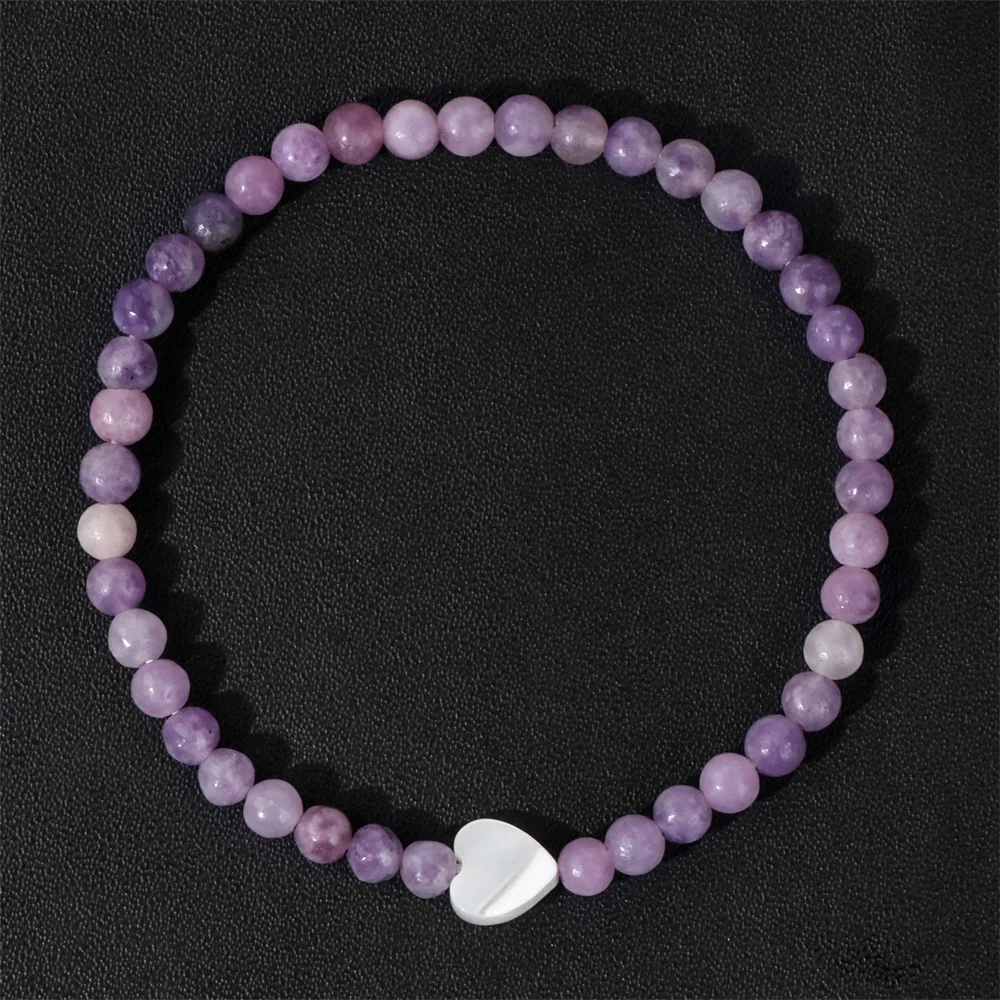 Shell Heart Bracelet 4mm Natural Stone Purple Lilac Amethysts Moss Agates Pink Zebra Beads Elastic Bracelets For Women Jewelry