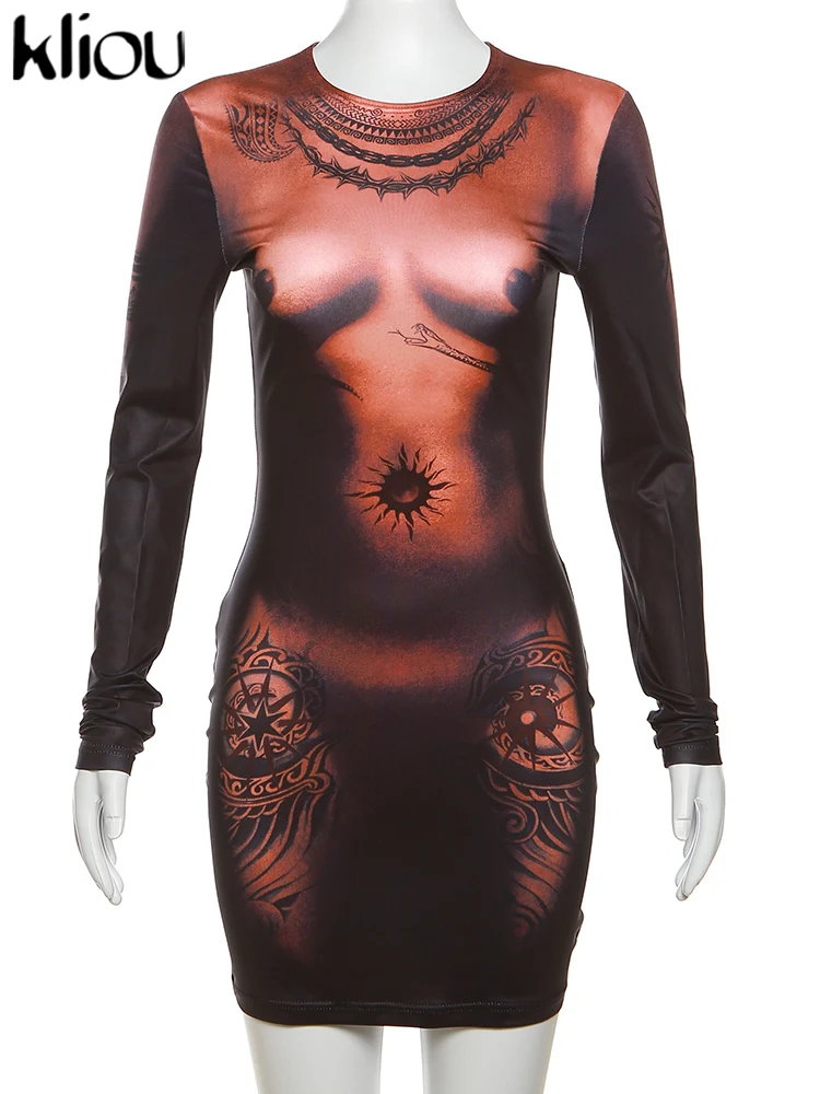 Kliou-vestido de seda de leche para mujer, ropa de calle por encima de la rodilla, minivestido con estampado de cuerpo para chica Junior, falda Hipster, atuendo de Club, K23D39132