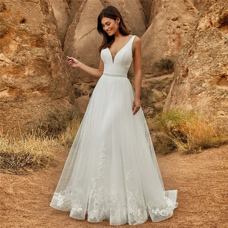 Romantic 2 In 1 Jumpsuit With Detachable Skirt Two Pieces Bridal Dress Pants Suit For Women Lace Tulle V-Neck Sweep Train