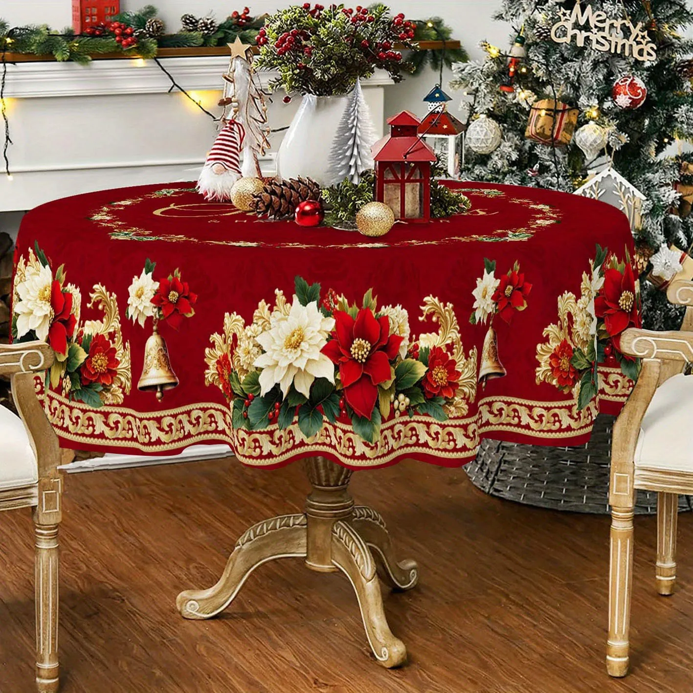 1PC 2D Flat Vintage Flower Print Christmas Tablecloth - Elegant Red and Gold Two Tone Polyester Material