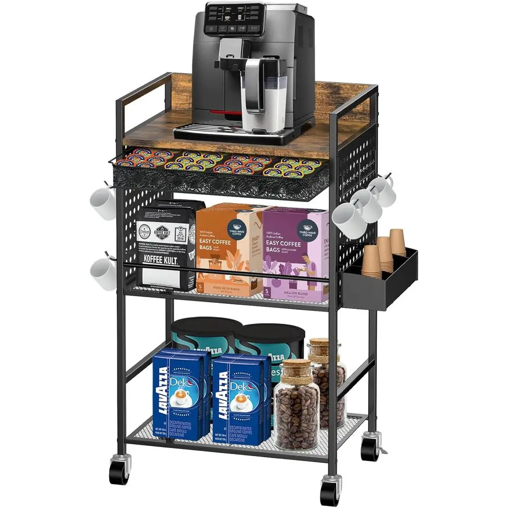 

Compact Coee Bar Cabinet with Power Outlet, Lockable Wheels, and Storage Der - Rustic Brown & Black or Oice, Living Room, or Sma