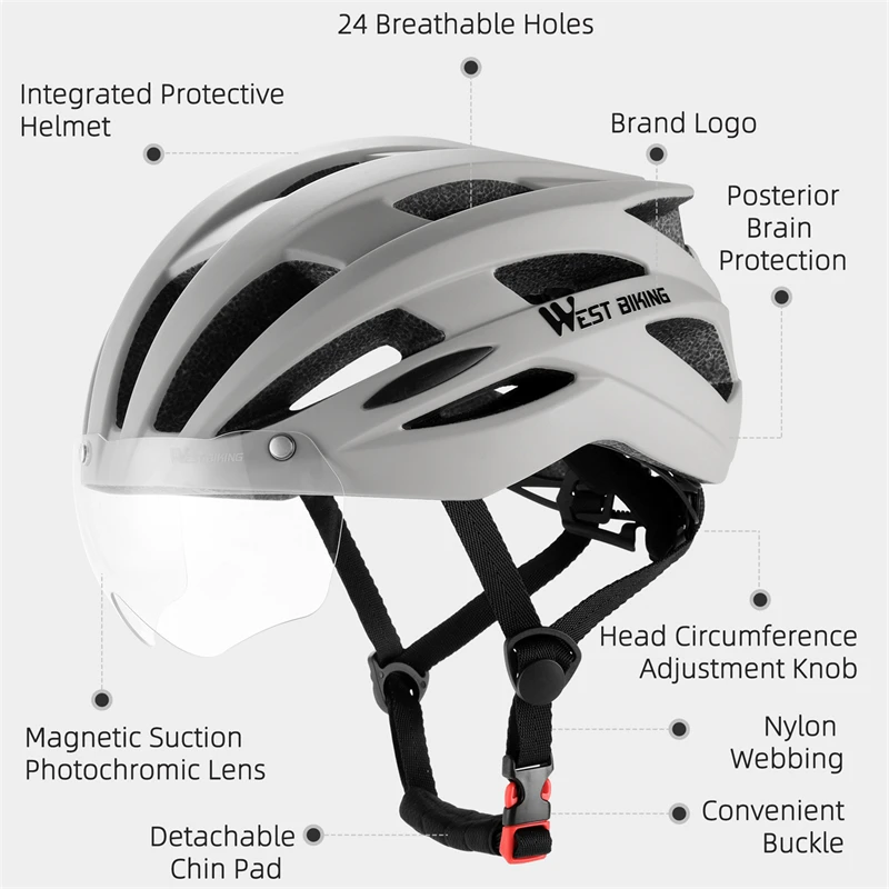 WEST BIKING Photochromic Goggles Cycling Helmet Magnetic Lens Integrated Molding MTB Road Bike Helmet Motorcycle Scooter Helmet